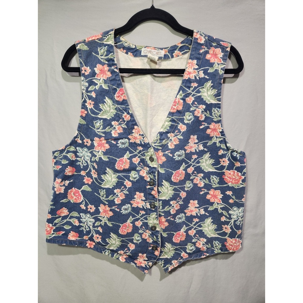 VTG 90s Floral Denim Vest Cherokee M Cottage Granny Country Western Button Retro